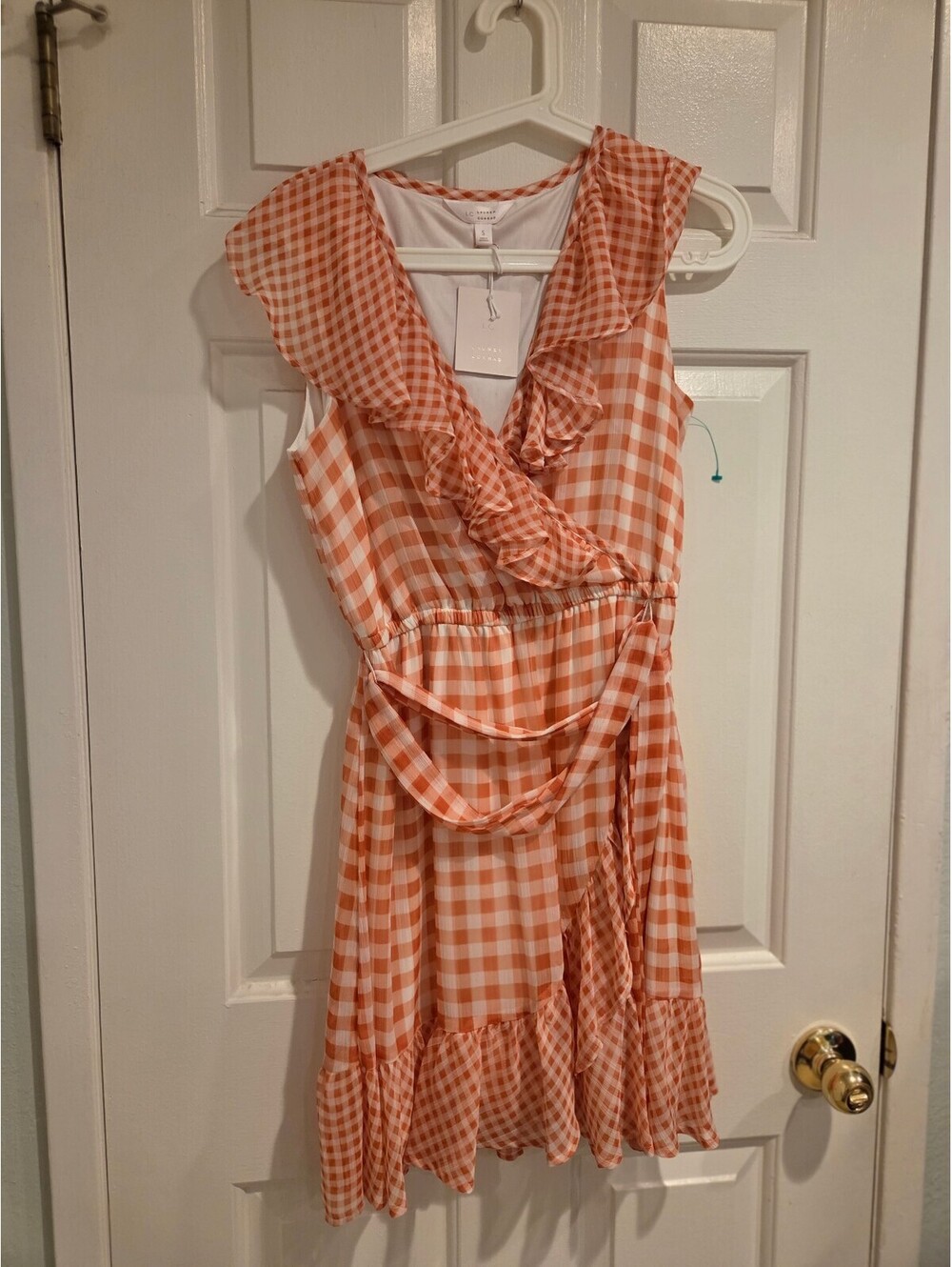 nwt - Lauren Conrad Orange Gingham Knee-Length Dress with Ruffle Detail- sz s